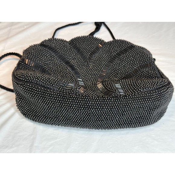 Vintage Beaded Black Evening Purse Crossbody Zip Closure Shoulder Strap Scallop - Picture 5 of 9